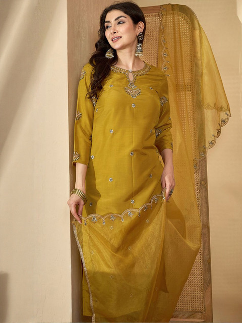 Sangria Ethnic Motifs Embroidered Thread Work Chinon Kurta With Trousers & Dupatta