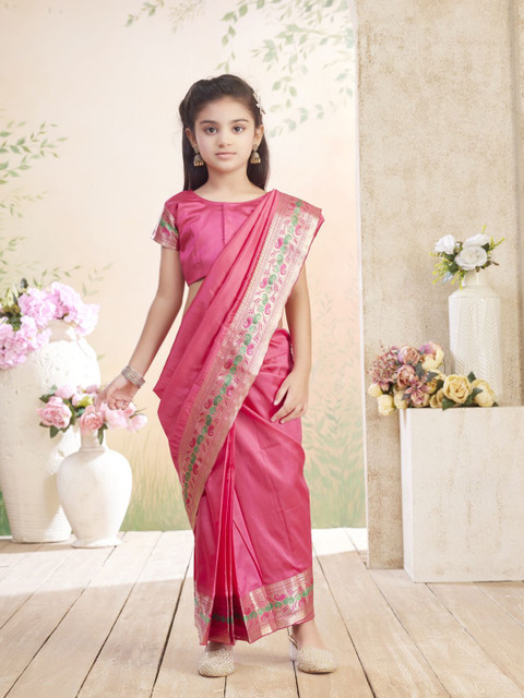 BAESD Girls Solid Zari Woven Design Border Banarasi Saree