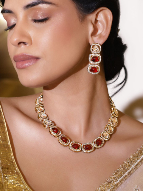 Rubans 22K Gold-Plated Ruby Red Stone & White Cubic Zirconia Studded Brass Necklace Set