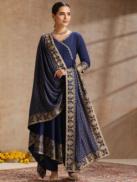 Khushal K Women Ethnic Motifs Embroidered Angrakha Kurta with Trousers & With Dupatta