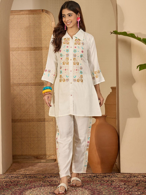 Sangria Floral Embroidered Shirt Collar Tunic & Trousers Co-Ords - Image 6