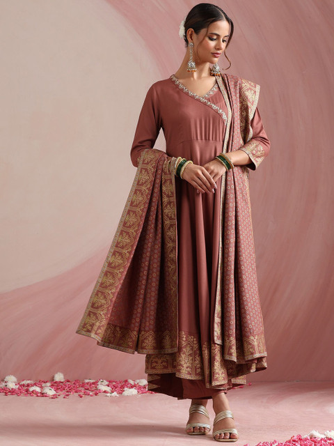 Khushal K Women Ethnic Motifs Angrakha Thread Work Kurta with Trousers & With Dupatta