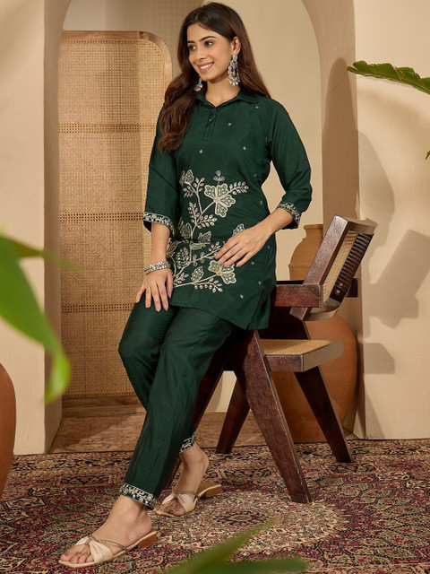 Sangria Embroidered Shirt Collar Tunic With Trousers Co-Ords - Image 6