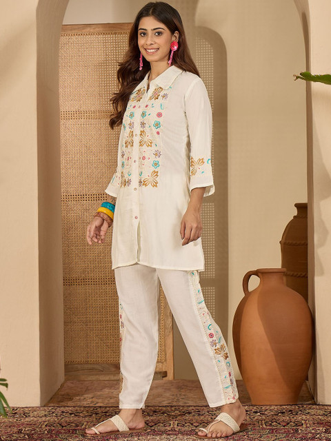 Sangria Floral Embroidered Shirt Collar Tunic & Trousers Co-Ords - Image 7
