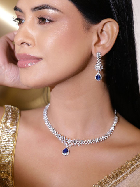 Rubans Rhodium-Plated Cubic Zirconia & Blue AD Stone Studded Drop Necklace Set