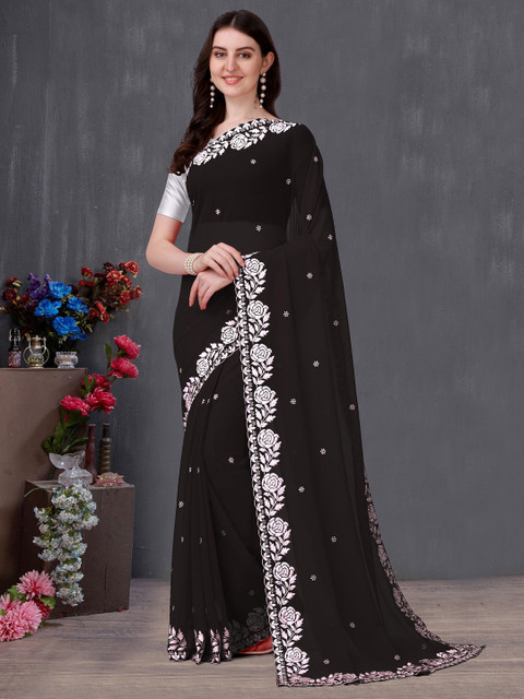 HESVI Floral Embroidered Pure Georgette Saree