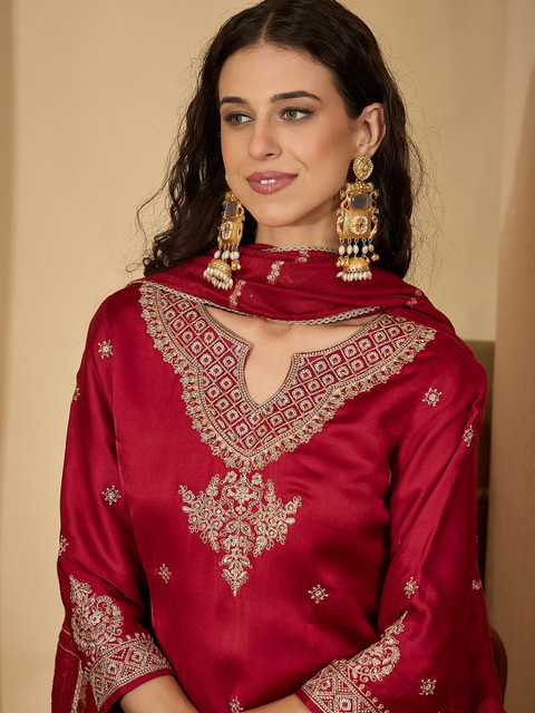 Sangria Women Ethnic Motifs Embroidered Regular Thread Work Kurta with Trousers & With Dupatta