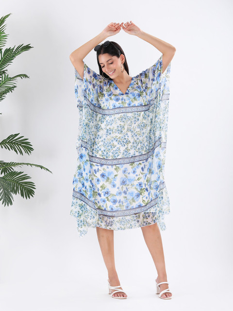 Qurvii Floral Print Kimono Sleeve Chiffon Kaftan Maxi Dress