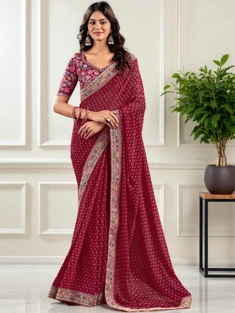 HERE&NOW Bandhani Printed Thread Work Pure Georgette Saree With Unstitched Blouse Piece