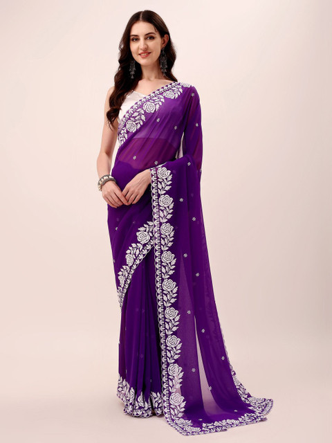 HESVI Floral Embroidered Chikankari Pure Georgette Saree