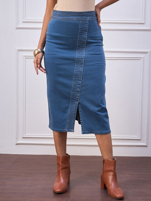 StyleStone Women High Rise Denim Midi Skirts