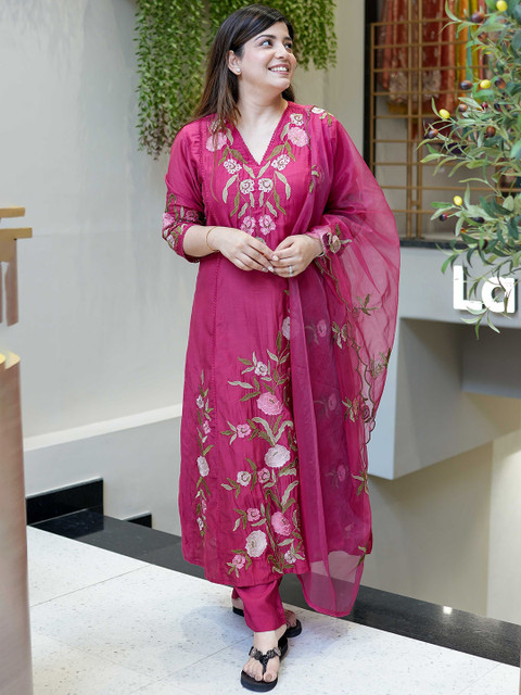 J.KANJI Women Floral Embroidered Regular Thread Work A-Line Kurta with Trousers & Dupatta