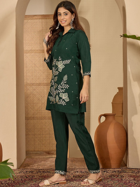 Sangria Embroidered Shirt Collar Tunic With Trousers Co-Ords - Image 4