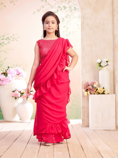 BAESD Girls Solid Lehenga Saree With Attachable Dupatta