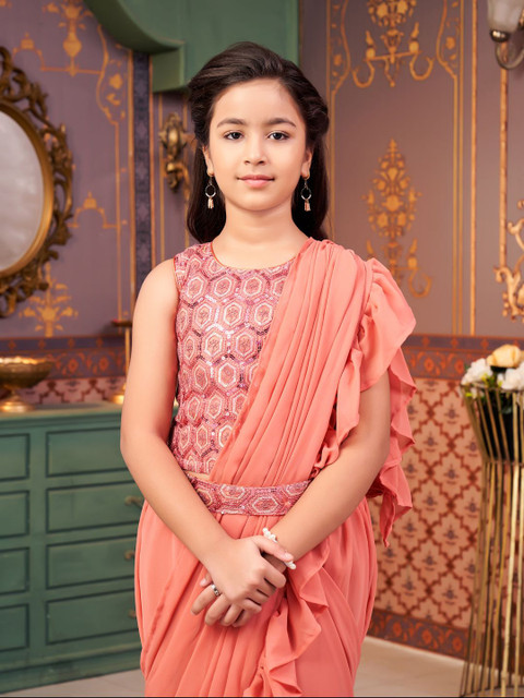 BAESD Girls Sequinned Poly Georgette Ready To Wear Saree