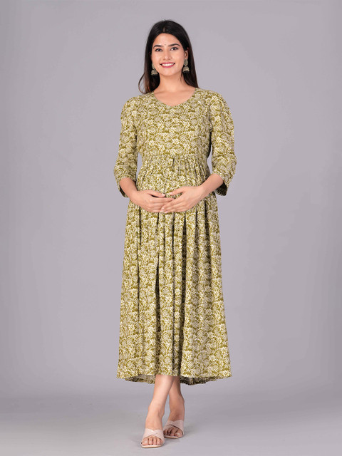 JAIPURI COLLECTION Women Floral Printed Maternity Liva Fit and Flare Midi Dress