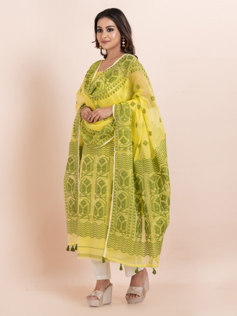 Durga Handlooms Jamdani Woven Design Zari Pure Cotton Unstitched Kurti Material with Dupatta - Image 4