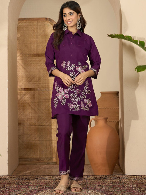 Sangria Women Purple Embroidered Shirt Style Tunic With Trouser Co-Ords