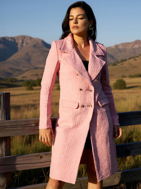 Campus Sutra Women Self Design Notched Lapel Long Sleeves Overcoat Coats