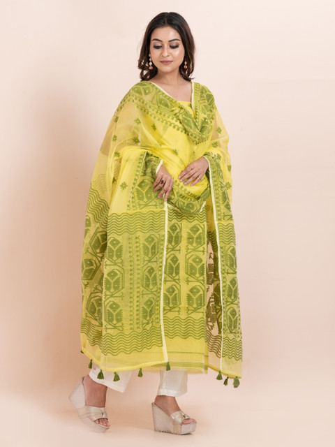 Durga Handlooms Jamdani Woven Design Zari Pure Cotton Unstitched Kurti Material with Dupatta - Image 3