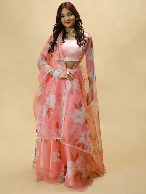 LIPS CROWN Floral Printed Semi-Stitched Organza Lehenga & Blouse With Dupatta