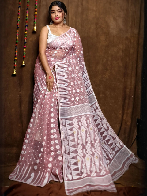 RIDDHIMAN FASHION Ethnic Motifs Woven Design Pure Cotton Jamdani Saree