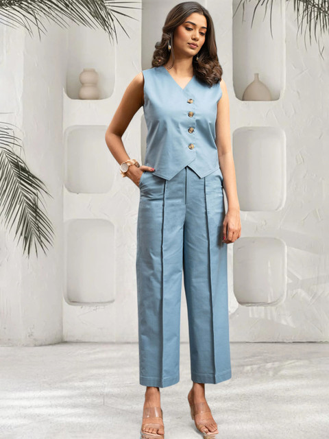 all about you V-Neck Pure Cotton Waistcoat With Trousers Co-Ords