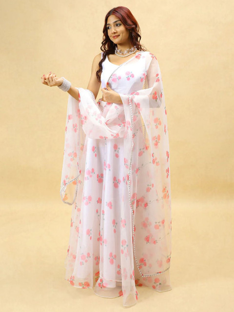 PURI MAA Floral Printed Semi-Stitched Organza Lehenga & Blouse With Dupatta