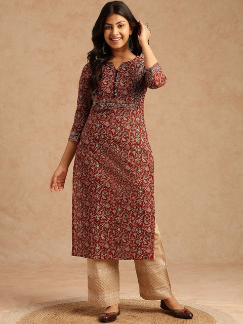 SZN Women Brown Floral Printed With Lace Work Straight Cotton Brown Stitched Kurta - Image 2