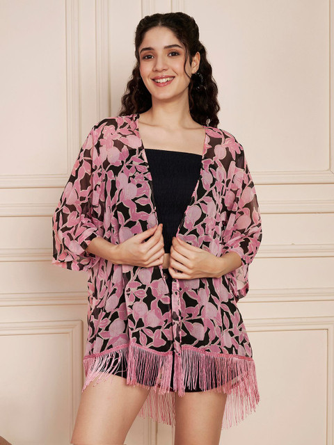 Fbella Floral Printed Mandarin Collar Three-Quarter Sleeves Straight Shrug