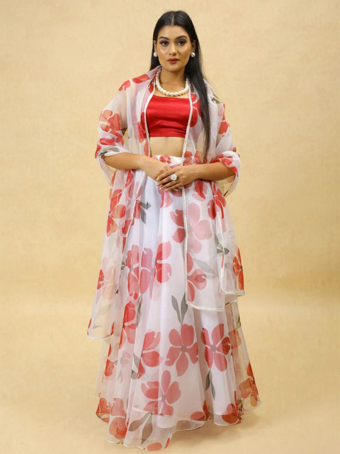 LIPS CROWN Floral Printed Semi-Stitched Organza Lehenga & Blouse With Dupatta