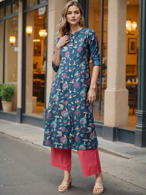 SZN Women Blue Cotton Floral Printed A-Line Kurta