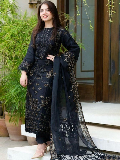 BRUHANI Ethnic Motifs Embroidered Georgette Kurta With Trousers & Dupatta