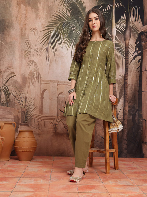 Sangria Vertically Woven Striped Cuffed Sleeves A-Line Kurta with Salwar - Image 7