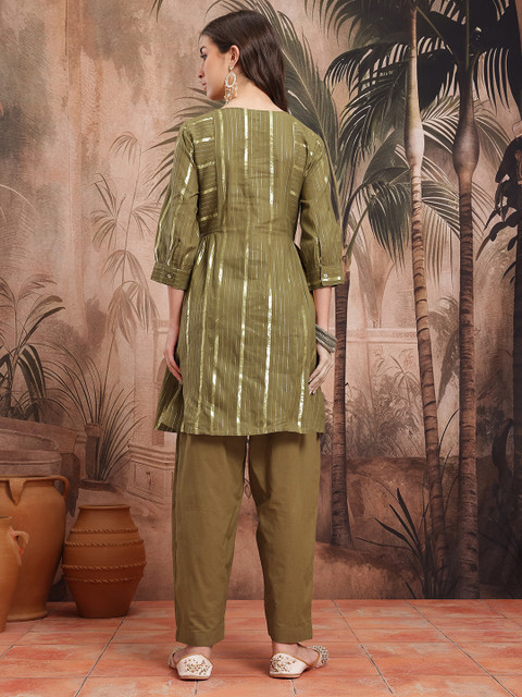 Sangria Vertically Woven Striped Cuffed Sleeves A-Line Kurta with Salwar - Image 6