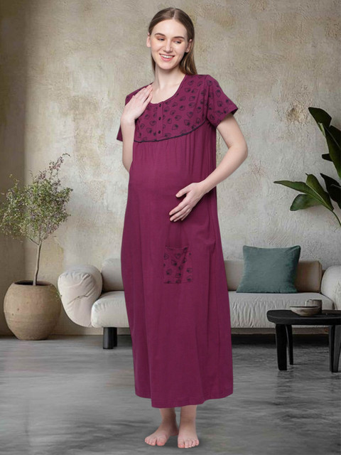 Kryptic Conversational Printed Pure Cotton Maternity Maxi Nightdress