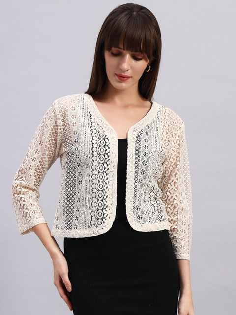 NATURE CRAFT Self Design V-Neck Sheer Open Front Cotton Shrug