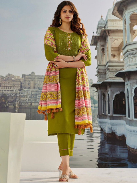 J.KANJI Floral Embroidered Sequinned Straight Kurta With Trousers & Dupatta