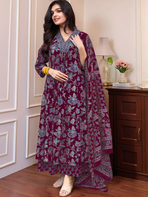 SZN Floral Printed V-Neck Beads and Stones Straight Kurta With Trouser & Dupatta