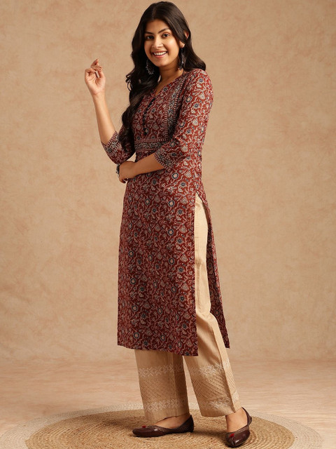SZN Women Brown Floral Printed With Lace Work Straight Cotton Brown Stitched Kurta - Image 3