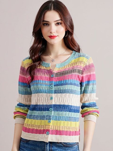 bebe Women Striped Round Neck Sweaters