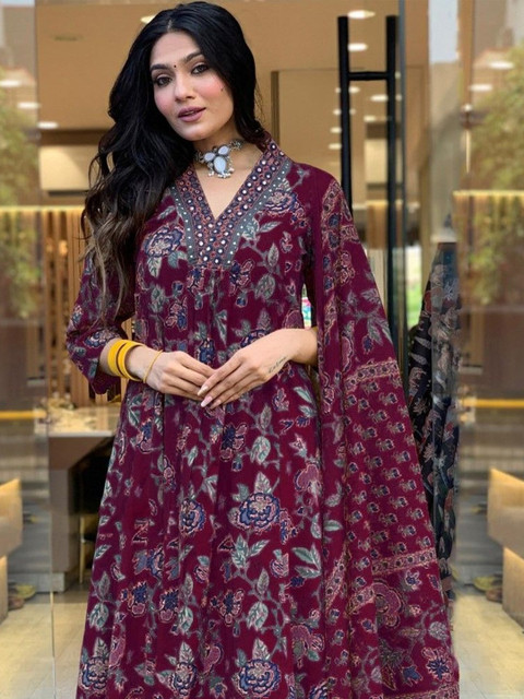 KALINI Floral Printed Round Neck Pleated A-Line Kurta With Palazzos & Dupatta