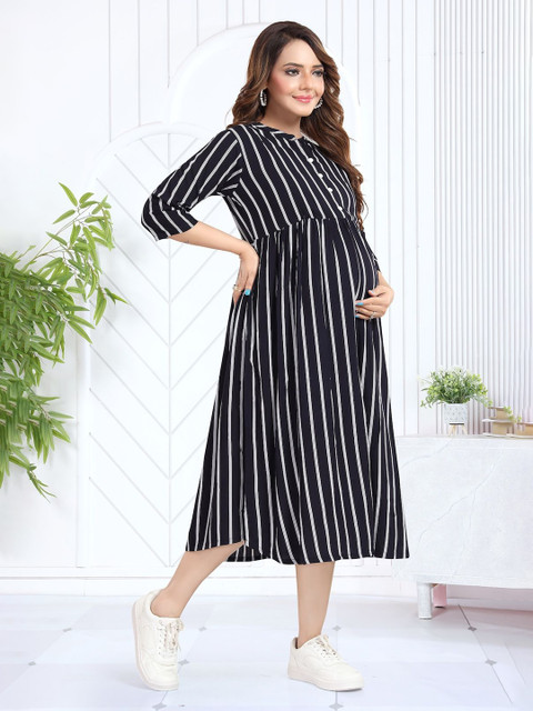 MomsBae Women Striped Mandarin Collar Maternity Fit and Flare Midi Dress
