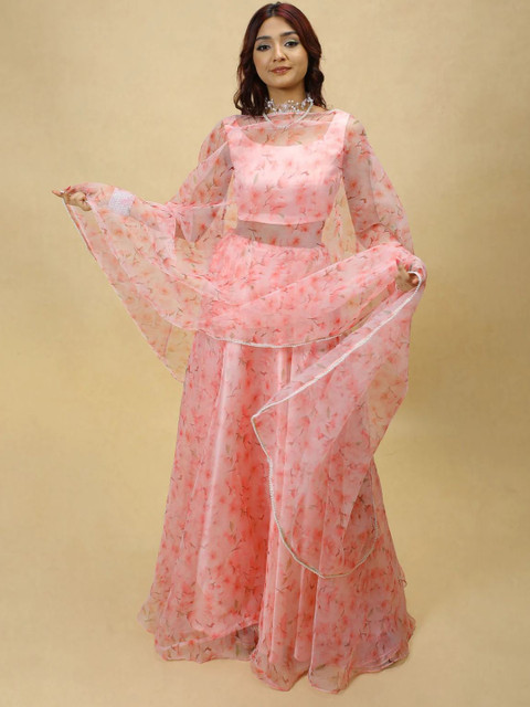 PURI MAA Floral Printed Semi-Stitched Organza Lehenga & Blouse With Dupatta