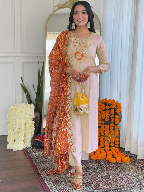 J.KANJI Women Ethnic Motifs Embroidered Thread Work Straight Kurta with Trousers & Dupatta