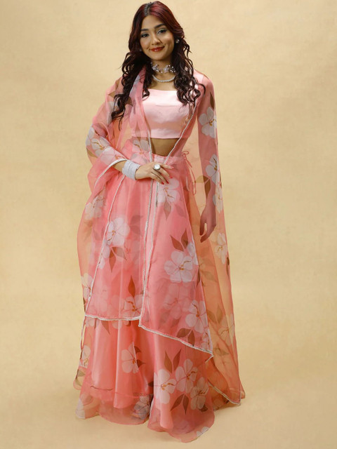 PURI MAA Floral Printed Semi-Stitched Organza Lehenga & Blouse With Dupatta
