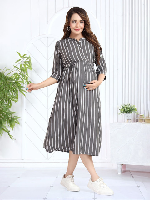 MomsBae Women Striped Gathered Maternity A-Line Midi Dress