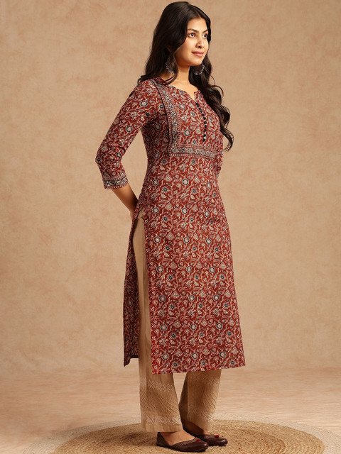 SZN Women Brown Floral Printed With Lace Work Straight Cotton Brown Stitched Kurta - Image 4
