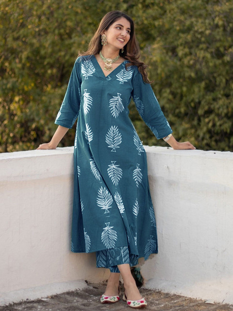 Moda Rapido Floral Printed V-Neck Jute Cotton Kurta with Trousers