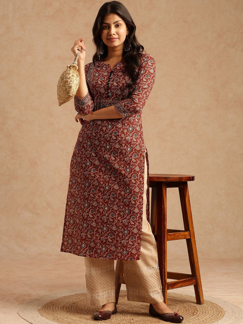 SZN Women Brown Floral Printed With Lace Work Straight Cotton Brown Stitched Kurta - Image 6
